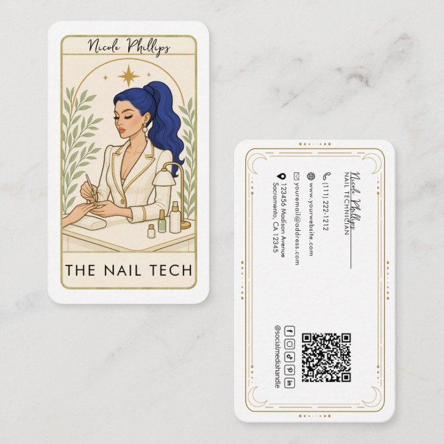 Wavy Cosmic Blue Hair Nail Tech Social Media QR Business Card (Front/Back)