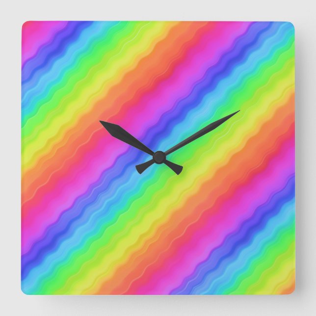 Wavy Diagonal Colourful Rainbow Design Square Wall Clock (Front)
