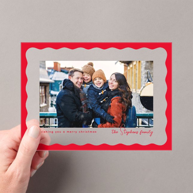 Wavy edge cute simple red Christmas holiday photo Acrylic Invitations (Insitu (Handheld))