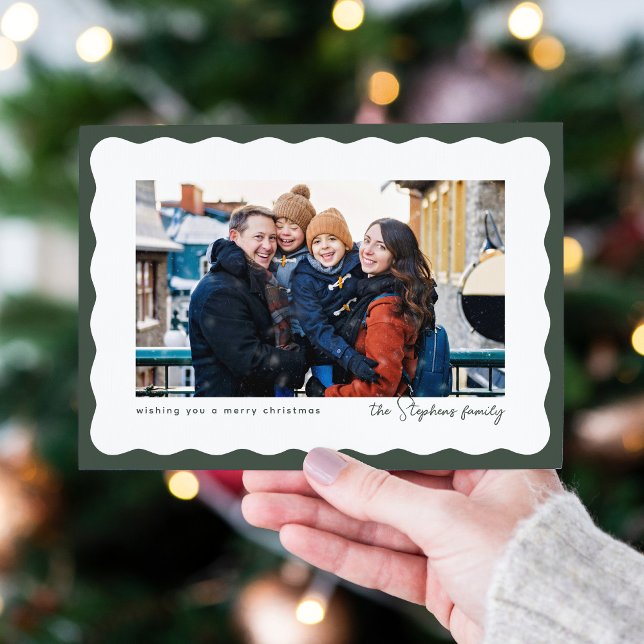 Wavy edge frame cute green Christmas photo Holiday Card (Creator Uploaded)