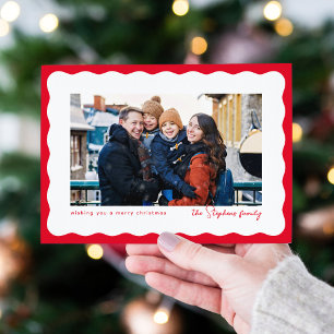 Wavy edge frame cute red Christmas photo Holiday Card