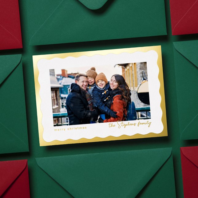 Wavy edge frame modern Christmas photo Foil Holiday Card (Creator Uploaded)