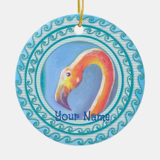 Wavy Flamingo  Ceramic Tree Decoration (Front)