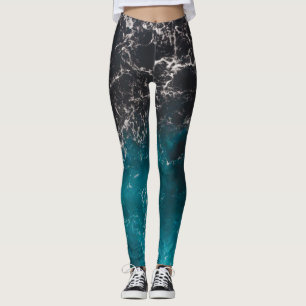 Wavy foamy blue black ombre sea water leggings