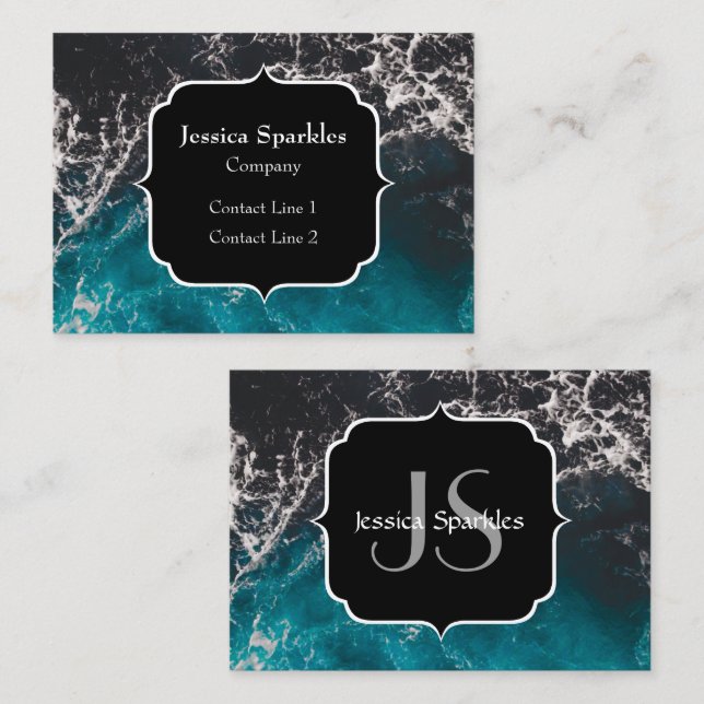 Wavy foamy blue black ombre sea water Monogram Business Card (Front/Back)
