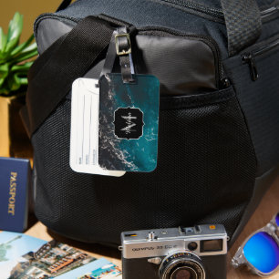 Wavy foamy blue black ombre sea water Monogram Luggage Tag
