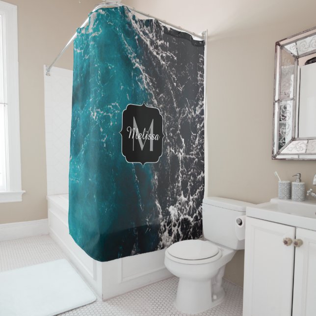 Wavy foamy blue black ombre sea water Monogram Shower Curtain (In Situ)