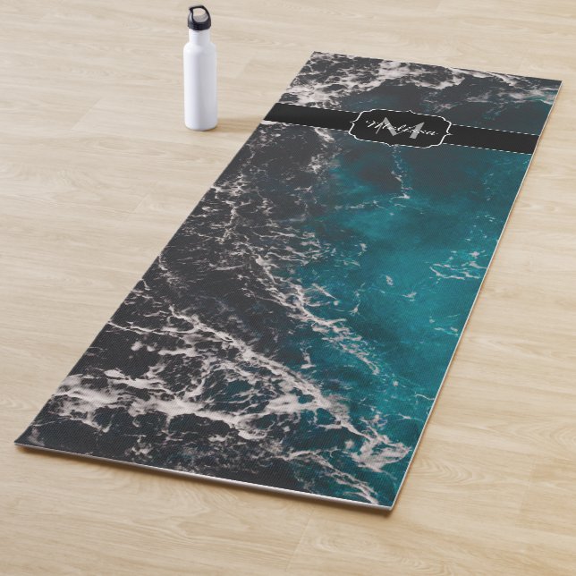 Wavy foamy blue black ombre sea water Monogram Yoga Mat (In Situ)
