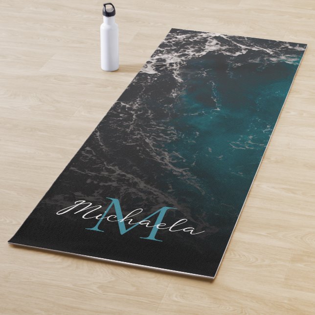 Wavy foamy blue black ombre sea water Monogram Yoga Mat (In Situ)