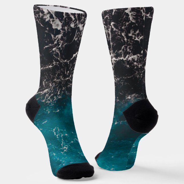 Wavy foamy blue black ombre sea water socks (Angled)
