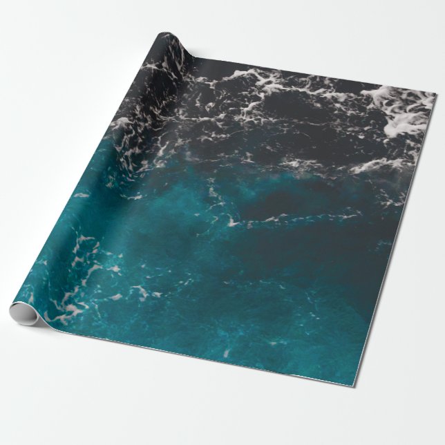 Wavy foamy blue black ombre sea water wrapping paper (Unrolled)
