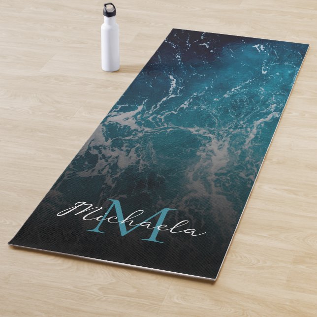 Wavy foamy blue white sea water abstract Monogram  Yoga Mat (In Situ)