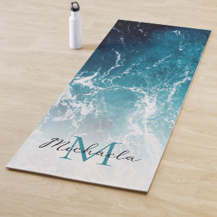 Wavy foamy blue white sea water abstract Monogram  Yoga Mat