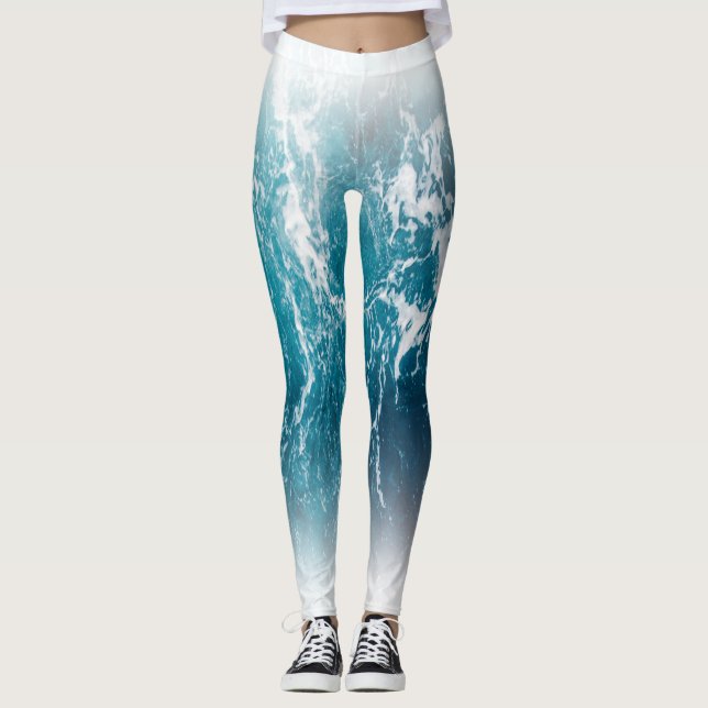 Wavy foamy blue white sea water ombre leggings (Front)