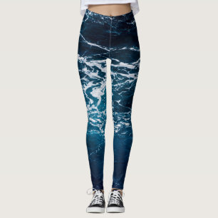 Wavy foamy dark blue sea water leggings