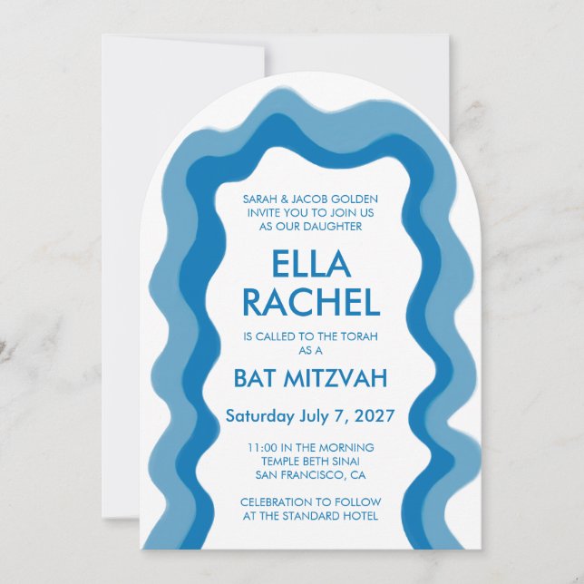 Wavy Frame Arch Modern Custom QR Bar Bat Mitzvah Invitation (Front)