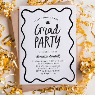 Wavy Frame Black White Hand Drawn Graduation Party Invitation