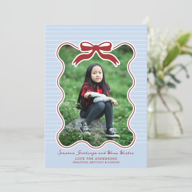 Wavy Frame Bow Pinstripe Holiday Card Christmas  (Standing Front)