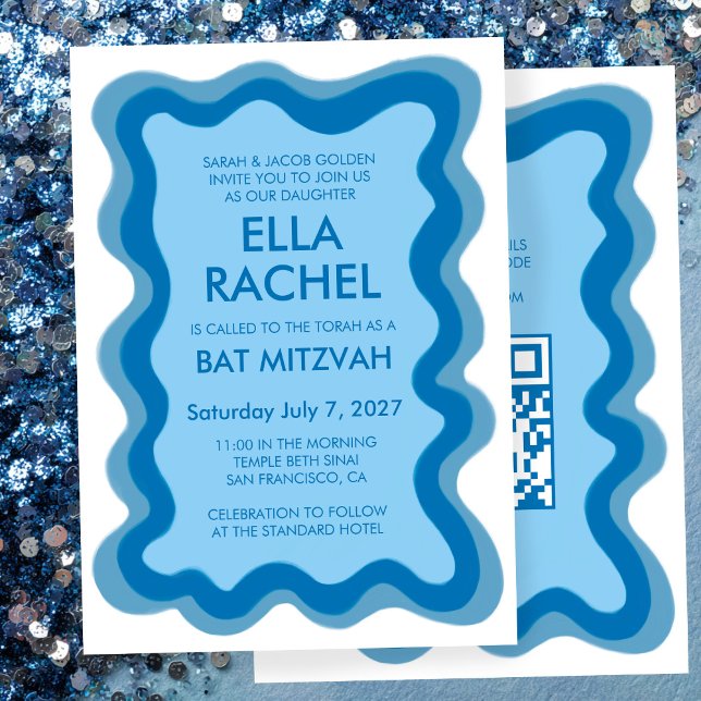 Wavy Frame Modern Custom QR CODE Bar Bat Mitzvah Invitation (Wavy Frame Modern Custom QR CODE Bar Bat Mitzvah Invitation
)
