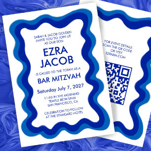 Wavy Frame Modern Custom QR CODE Bar Bat Mitzvah Invitation