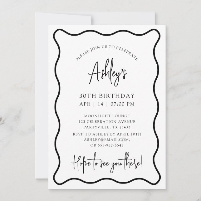 wavy frame, wavy border, birthday party invitation (Front)