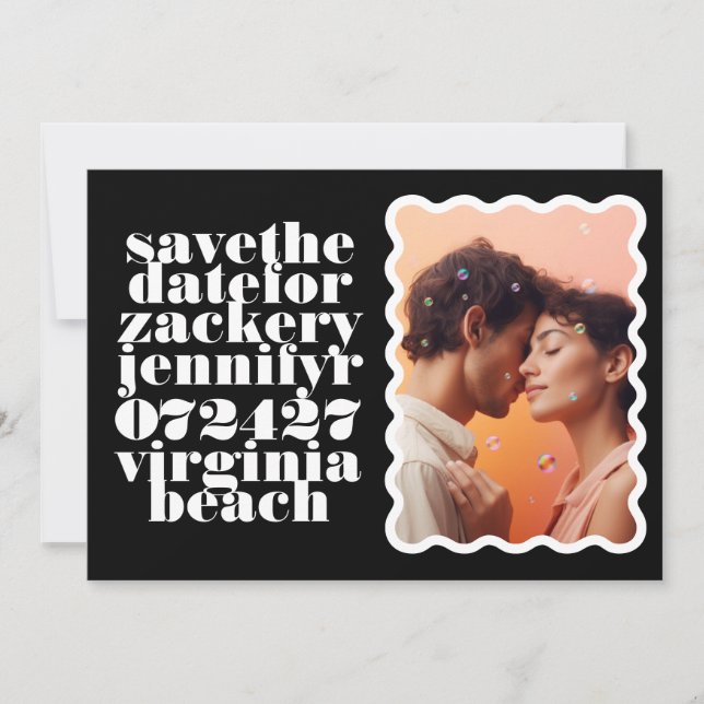 Wavy Framed Bold Border White Black QR Code Photo Save The Date (Front)