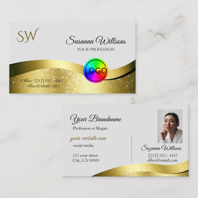 Wavy Gold Decor on Light Grey Logo Monogram Photo Business Card (Front/Back)
