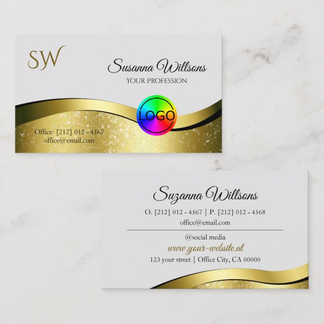 Wavy Gold Decor on Light Grey with Logo Monogram Business Card (Front/Back)