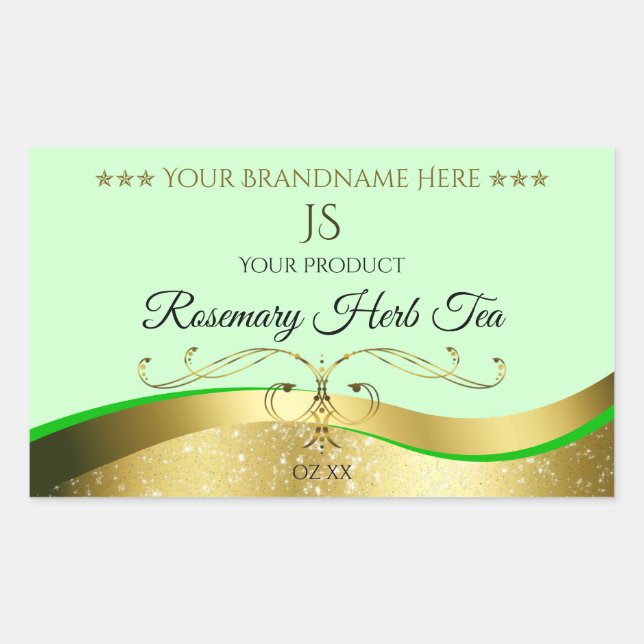 Wavy Gold Glamour Decor Light Green Monogram Label (Front)