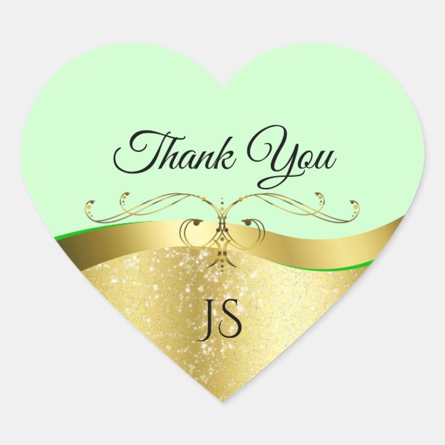 Wavy Gold Glamour Decor on Light Green Thank You Heart Sticker (Front)