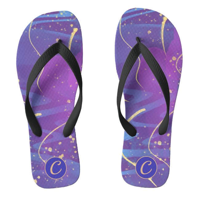 Wavy Gold Line & Confetti Purple Simple Minimalist Flip Flops (Footbed)
