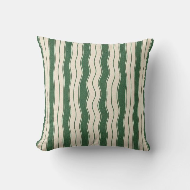 Wavy Green and White Stripes Cushion (Front)