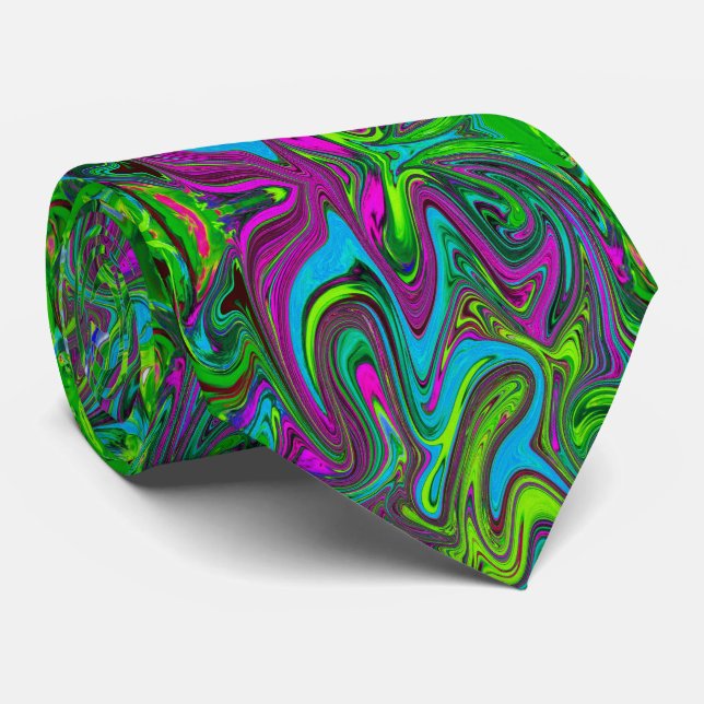 Wavy Green, Blue and Magenta Abstract Art Tie (Rolled)