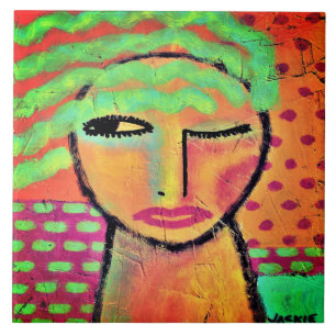 Wavy Green Hair Abstract Portrait of a Woman Tile