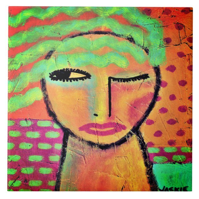 Wavy Green Hair Abstract Portrait of a Woman Tile (Front)