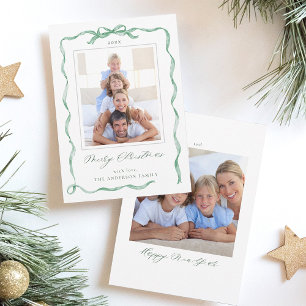 Wavy Green Ribbon Bow Frame 2 photo Christmas Holiday Card