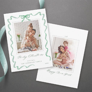 Wavy Green Ribbon Bow Frame 2 photo Christmas Holiday Card