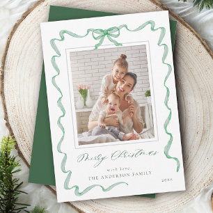 Wavy Green Ribbon Bow Frame photo Christmas Holiday Card