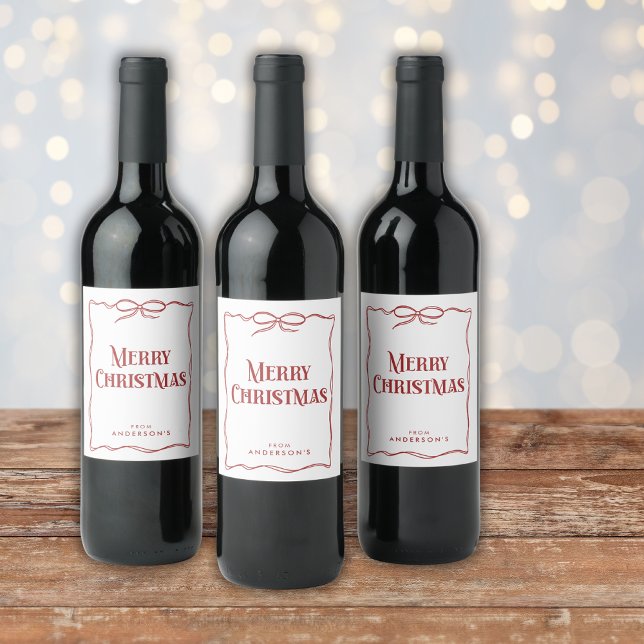 Wavy Hand Drawn Border Bow Christmas Red Wine Label (Creator Uploaded)