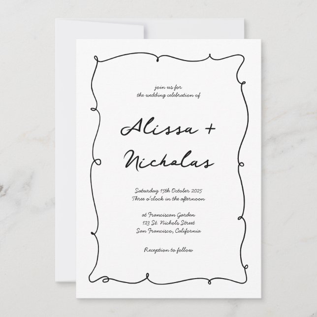 Wavy Hand Drawn Border & Script Monogram Wedding Invitation (Front)