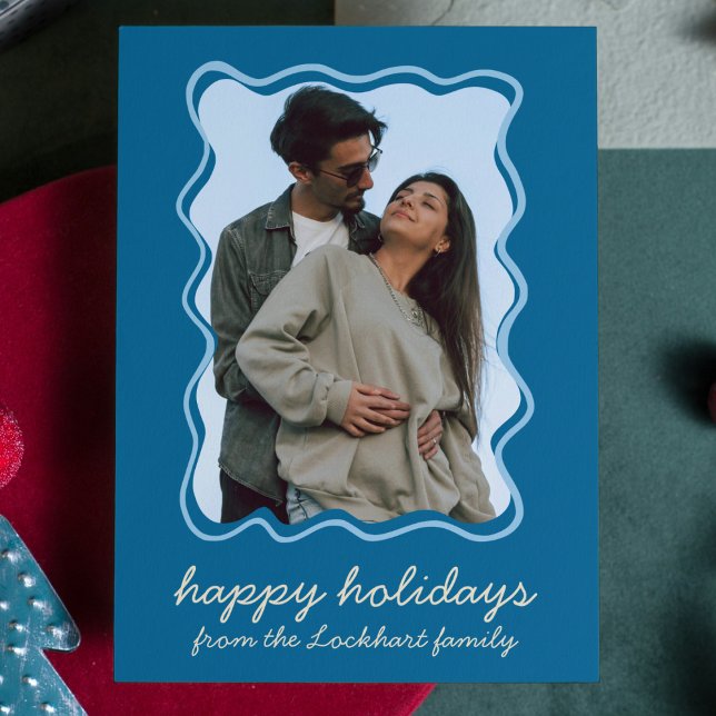 Wavy Hand Drawn Funky Whimsical Border Photo  Holiday Card (blue wavy border photo holiday Hanukkah card cute modern whimsical hand drawn funky minimalist)