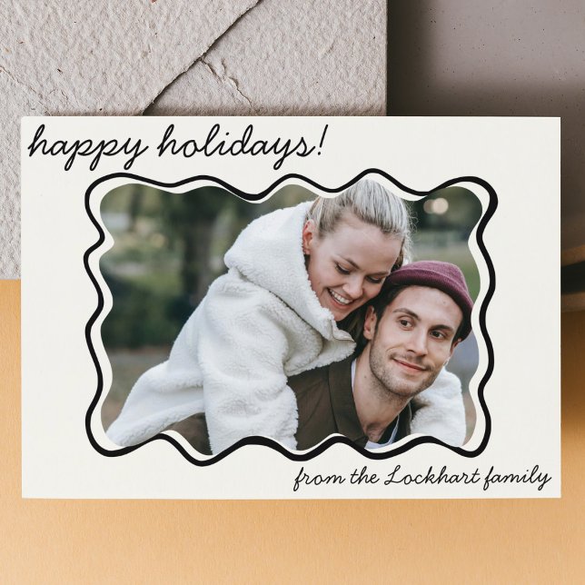 Wavy Hand Drawn Whimsical Doodle Border Photo  Holiday Card (whimsical funky hand drawn wavy doodle frame holiday christmas photo card black and cream model card)