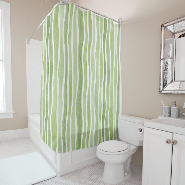 Wavy Lime Green Cream Stripes Shower Curtain (In Situ)