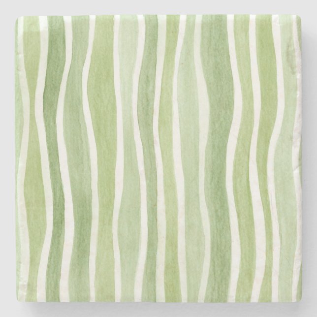 Wavy Lime Green Cream Stripes Stone Coaster (Front)