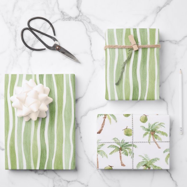 Wavy Lime Green Cream Stripes Wrapping Paper Sheet (Front)