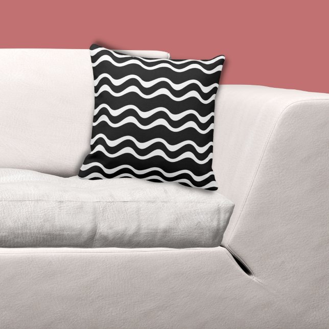 Wavy Line Pattern Black and White - Throw Pillow (Regular White Ripple Pattern, Black Pillow, custom color possible)