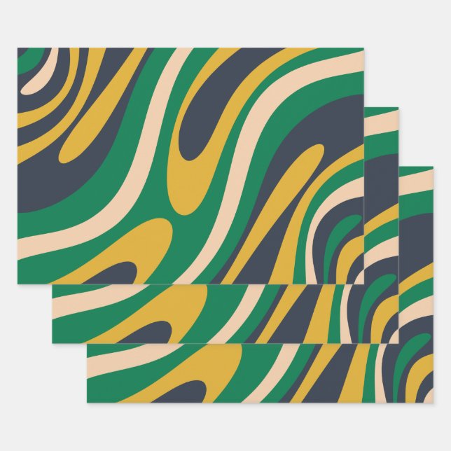 Wavy Loops Funky Retro Abstract Pattern Green Wrapping Paper Sheet (Set)