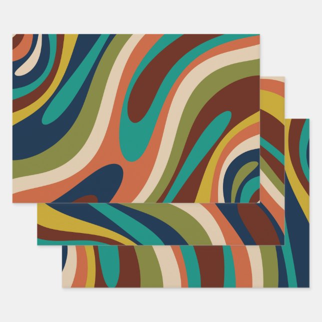Wavy Loops Multi-Colour Retro Abstract Pattern Wrapping Paper Sheet (Set)