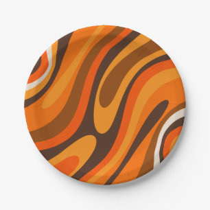 Wavy Loops Retro Abstract 1970s Brown and Orange  Paper Plate