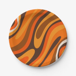 Wavy Loops Retro Abstract 1970s Brown and Orange  Paper Plate
